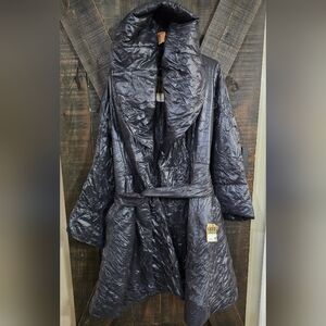 NWT RARE Vntg OMO Norma Kamali Sleeping Bag Black Puffer Shawl Peplum Coat Large